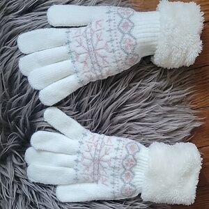 Cozy White and Pink Kids Gloves Snowflake Thick Two-Layered Winter Gloves